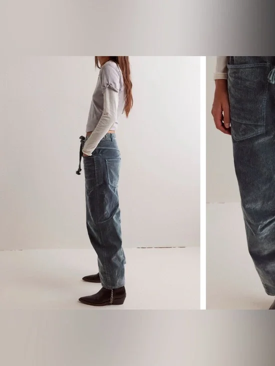 NWOT Free People We The Free Moxie Flocked Pull-On Barrel Jeans green blue 31 IR - Picture 5 of 13